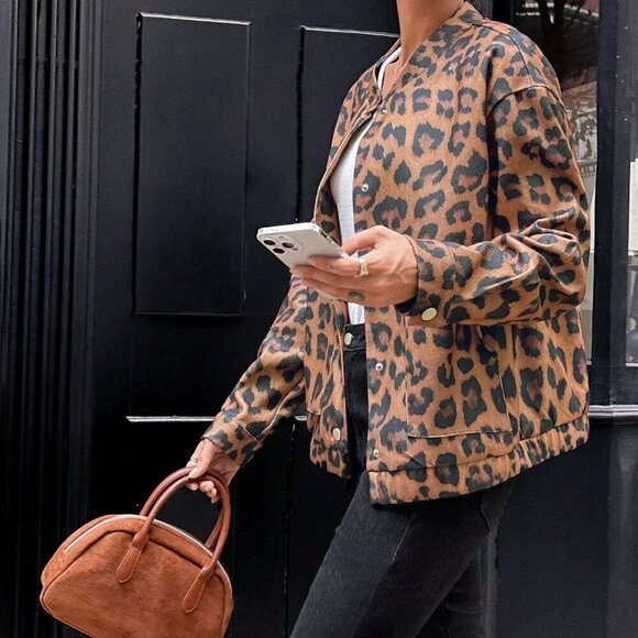 Multicolor Casual Women's Animal Leopard Print Wool Blend Jacket - Picture 3 of 6
